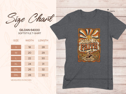 Gildan 64000 Softstyle t-shirt size chart with measurements for width and length.