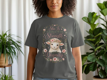 Dark gray t-shirt with a sheep graphic and text "She Is Clothed With Strength And Dignity".