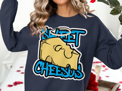 Navy sweatshirt with cartoon cheese graphic and "SWEET CHEESUS" text.