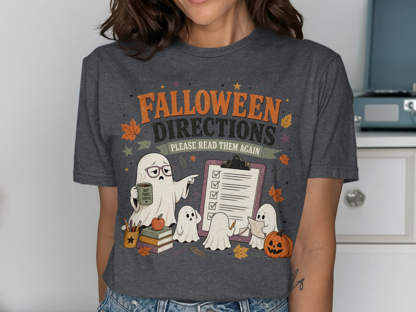 Halloween directions, please read them again, with ghosts and checklist design.