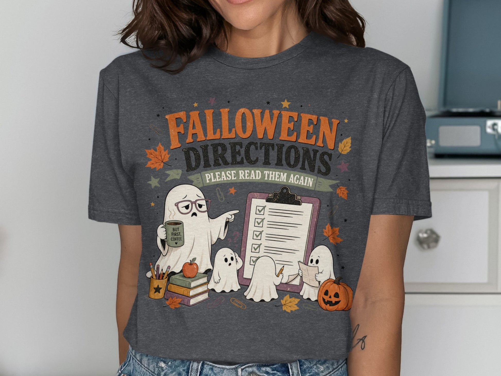 Halloween directions, please read them again, with ghosts and checklist design.