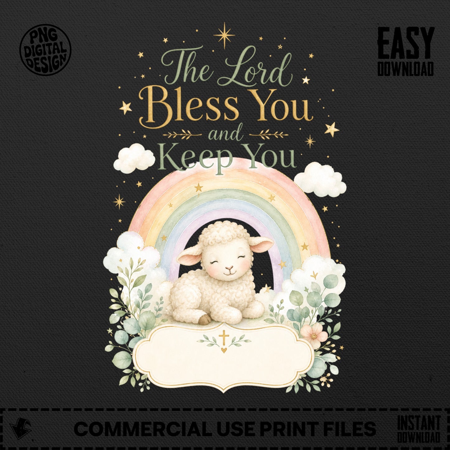 Lamb with rainbow and text "The Lord Bless You and Keep You".