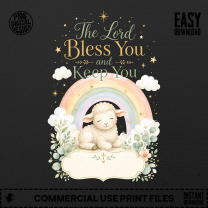Lamb with rainbow and text "The Lord Bless You and Keep You".