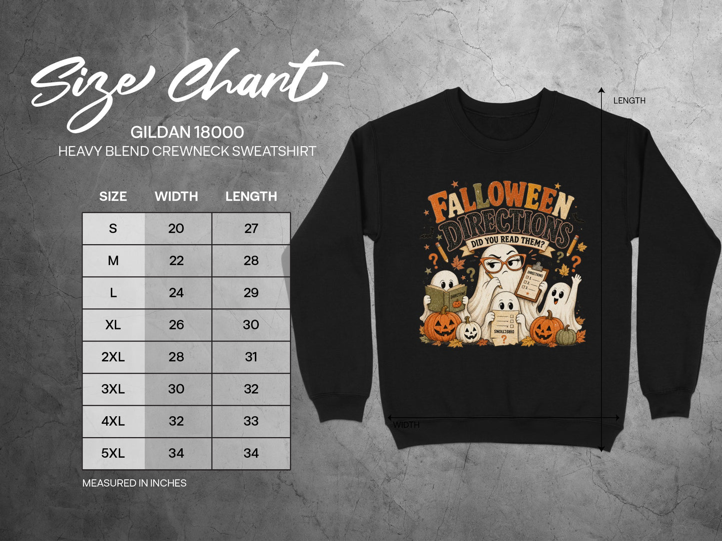 Gildan 18000 size chart for Halloween graphic sweatshirt with width and length measurements.