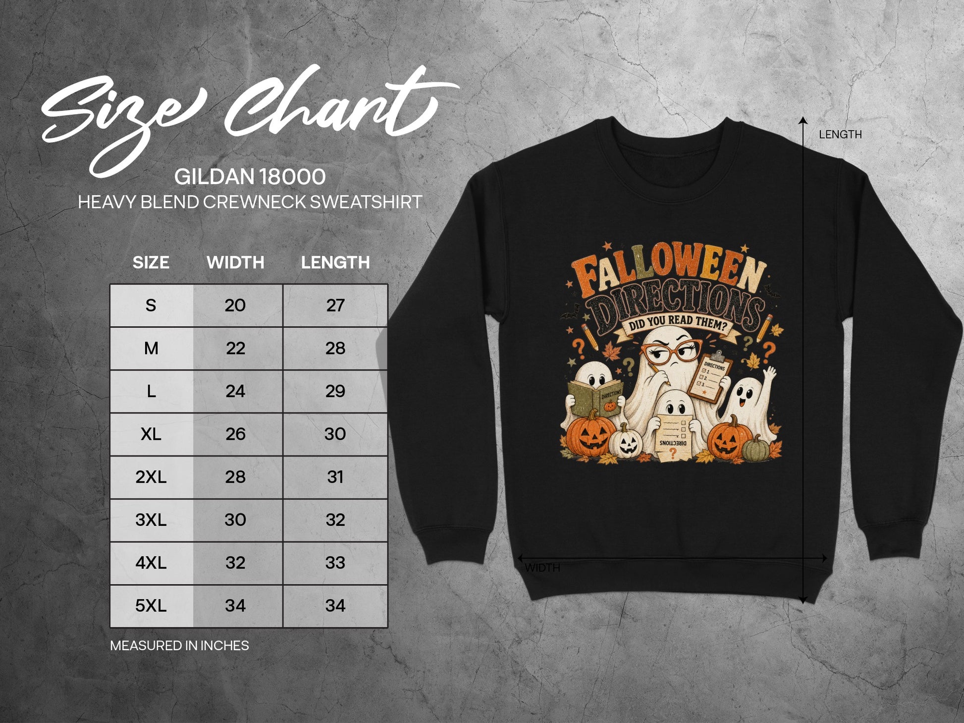 Gildan 18000 size chart for Halloween graphic sweatshirt with width and length measurements.
