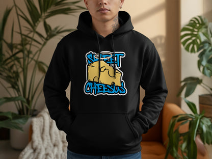 Black hoodie with "Sweet Cheesus" graphic featuring cheese and clouds.