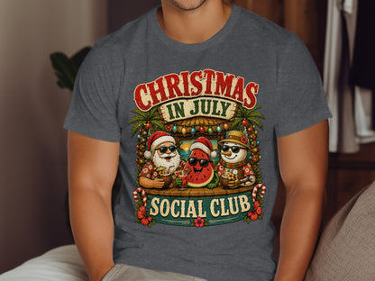 Christmas in July Social Club t-shirt with Santa, watermelon, and snowman.