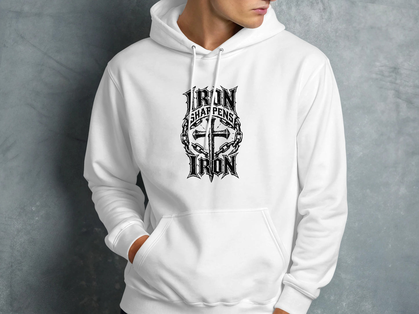 White hoodie with "Iron Sharpens Iron" and cross graphic.