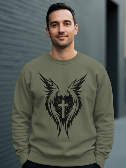 Green sweatshirt with black cross and wings graphic on chest.