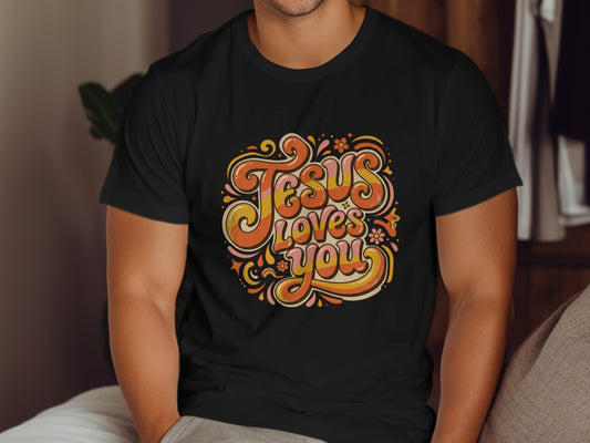 Black t-shirt with retro lettering that reads "Jesus Loves You."