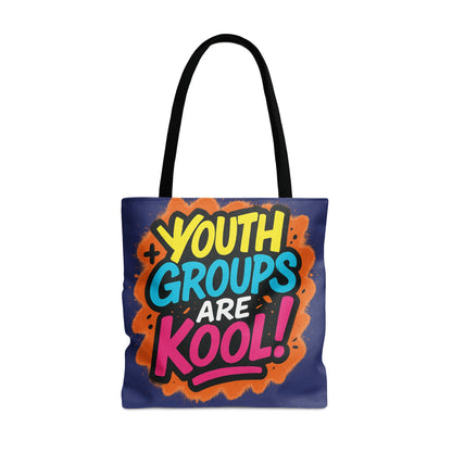 Tote bag with colorful text reading "YOUTH GROUPS ARE KOOL!"