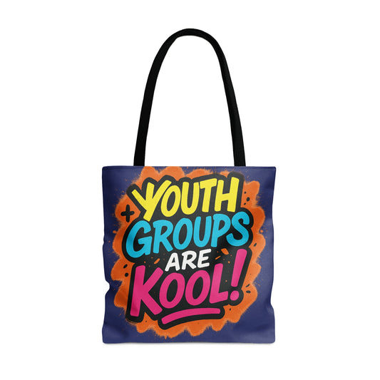 Tote bag with colorful text reading "YOUTH GROUPS ARE KOOL!"