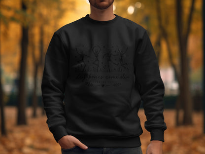 Black sweatshirt with skeleton dancers and "Dry Bones Come Alive" text.