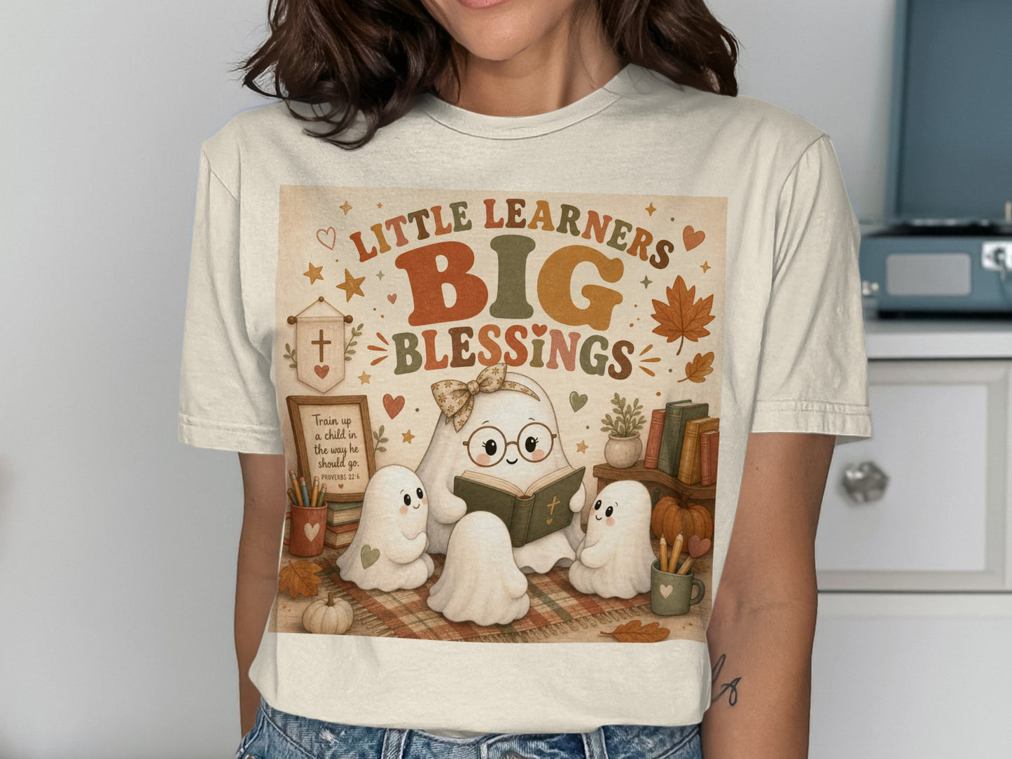 Little Learners Big Blessings with ghosts reading a book and a Bible verse.