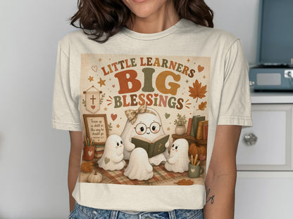 Little Learners Big Blessings with ghosts reading a book and a Bible verse.