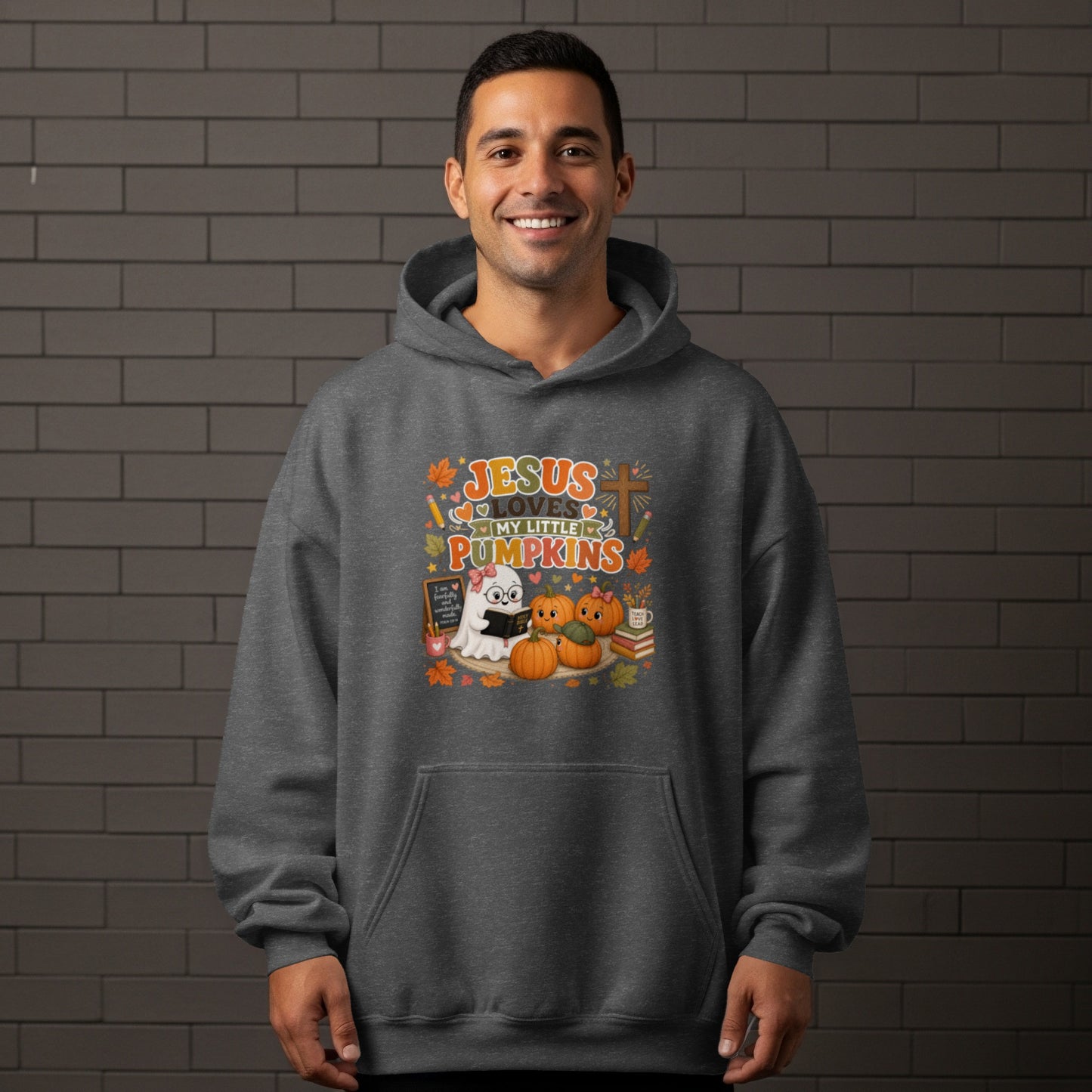 Jesus Loves My Little Pumpkins graphic with a ghost and pumpkins.
