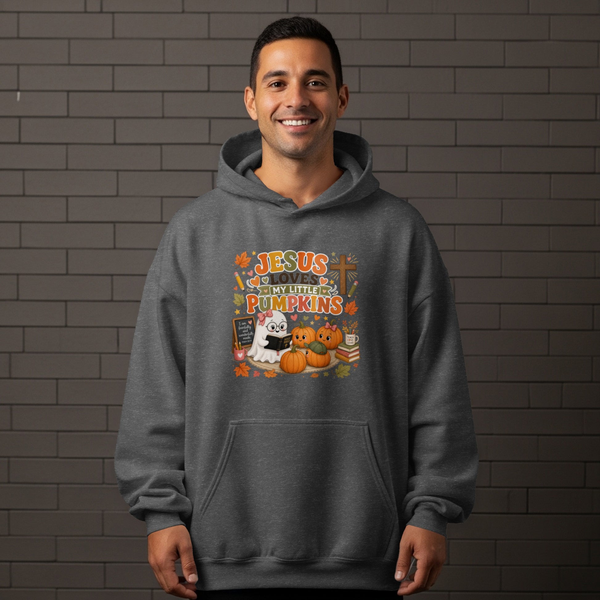 Jesus Loves My Little Pumpkins graphic with a ghost and pumpkins.