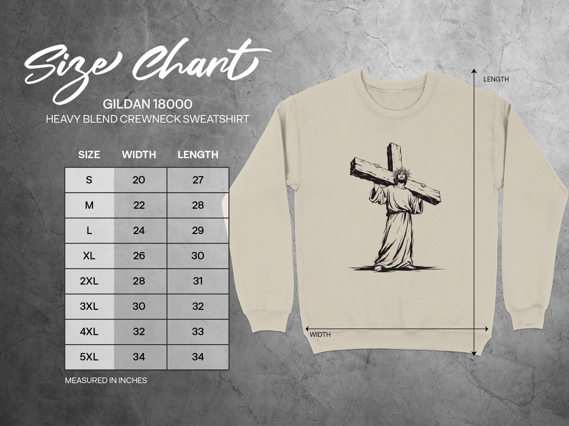 Gildan 18000 sweatshirt size chart with Jesus graphic.