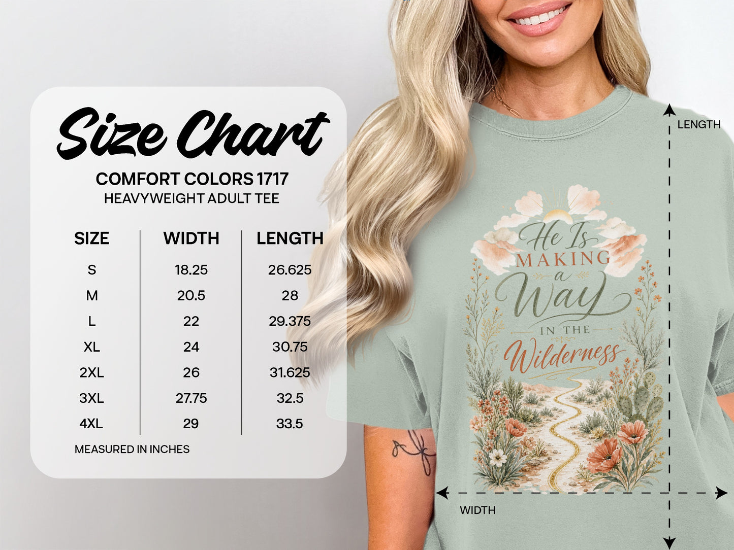 Comfort Colors 1717 heavyweight adult tee size chart with width and length measurements in inches.