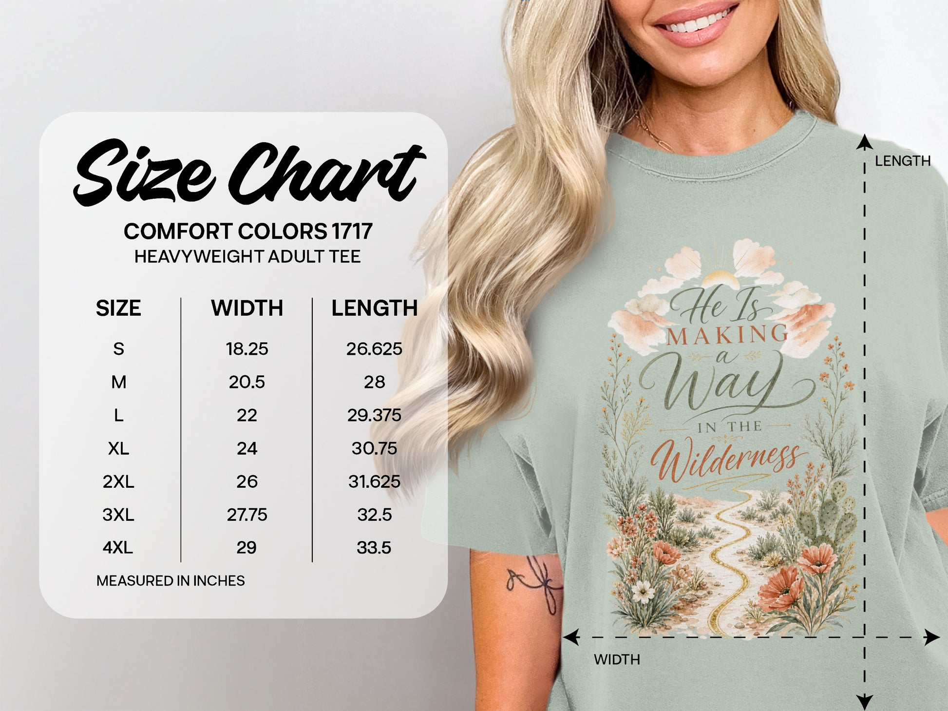 Comfort Colors 1717 heavyweight adult tee size chart with width and length measurements in inches.