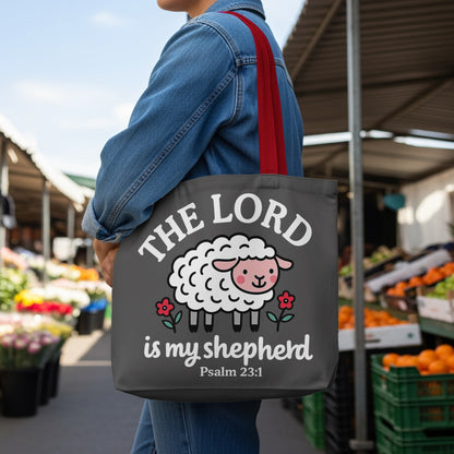 Dark grey tote bag with sheep graphic and "The Lord is my shepherd" text.
