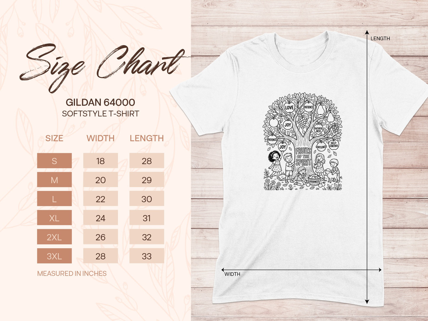 Gildan 64000 softstyle t-shirt size chart with fruits of the spirit graphic.