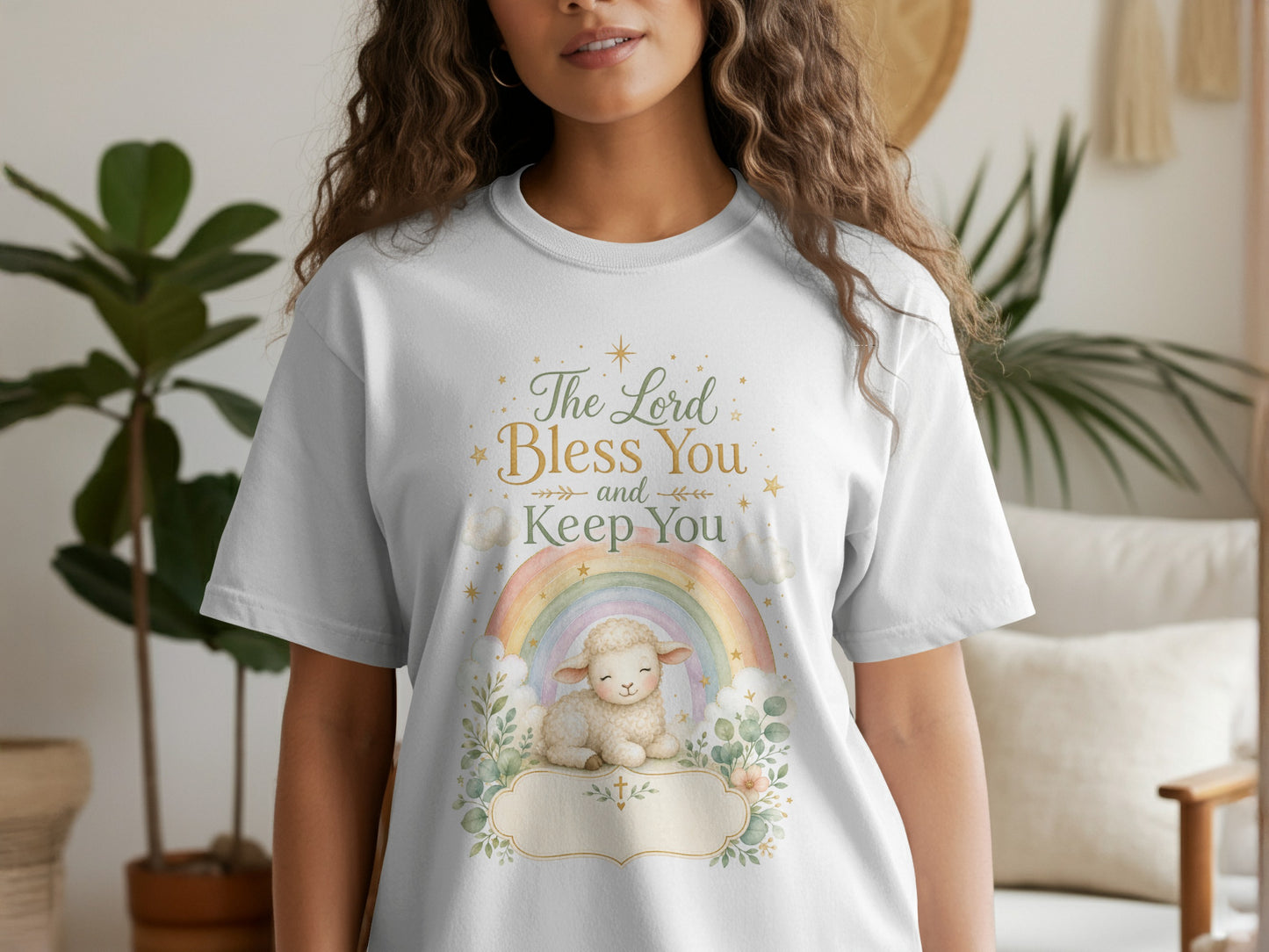White t-shirt with "The Lord Bless You and Keep You" text and a lamb.