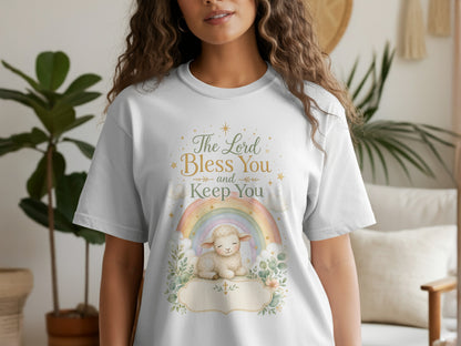 White t-shirt with "The Lord Bless You and Keep You" text and a lamb.