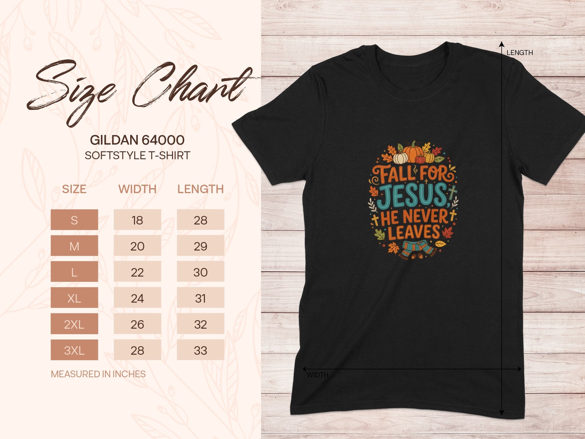Gildan 64000 softstyle t-shirt size chart and graphic tee with text.