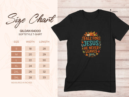 Gildan 64000 softstyle t-shirt size chart and graphic tee with text.