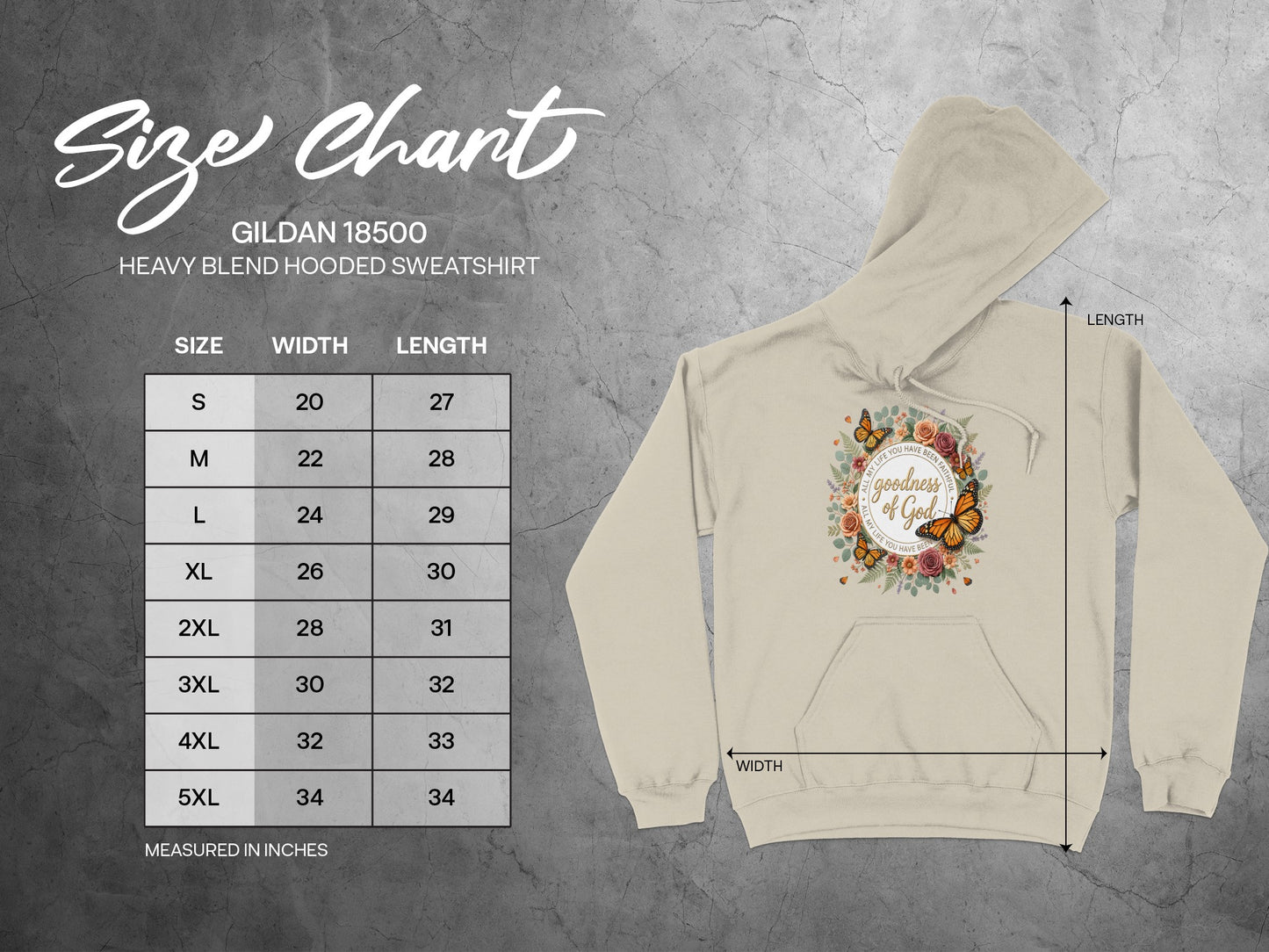 Gildan 18500 size chart showing S-5XL sizes with width and length measurements.