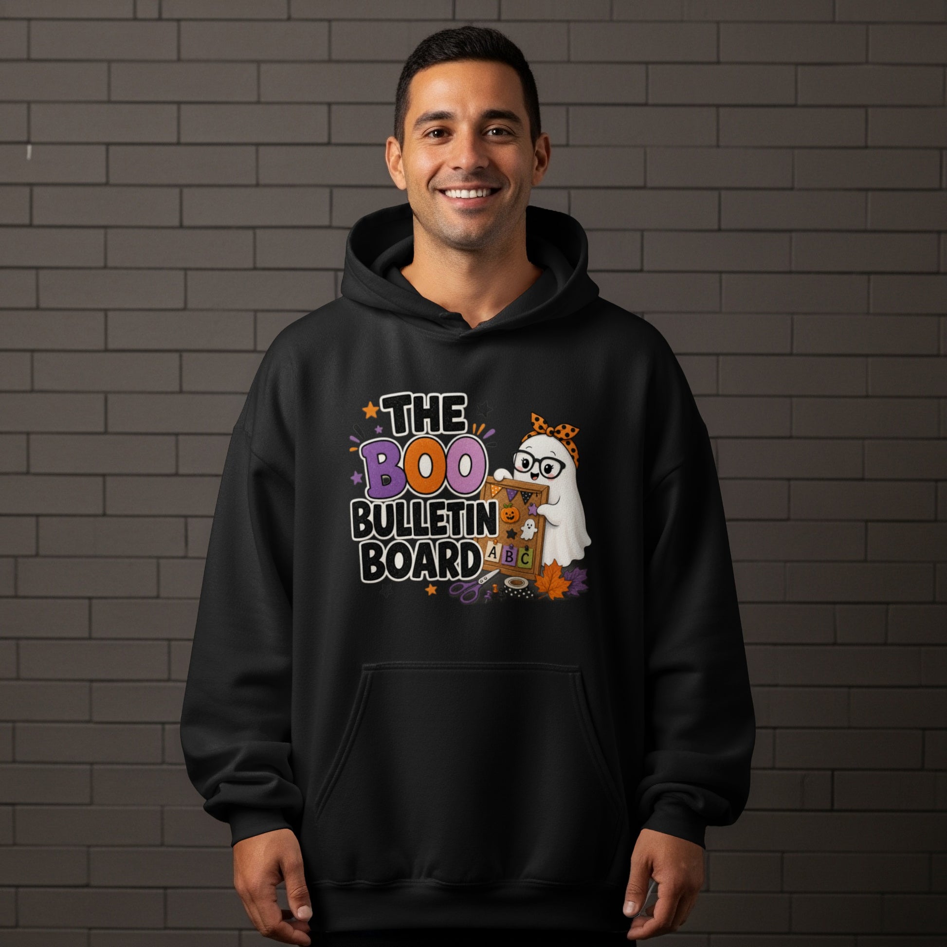 Black hoodie with "The Boo Bulletin Board" text and a ghost holding a bulletin board.