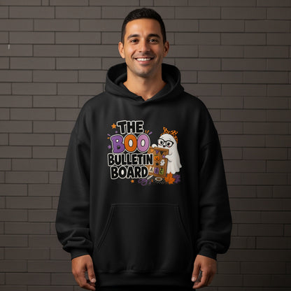 Black hoodie with "The Boo Bulletin Board" text and a ghost holding a bulletin board.
