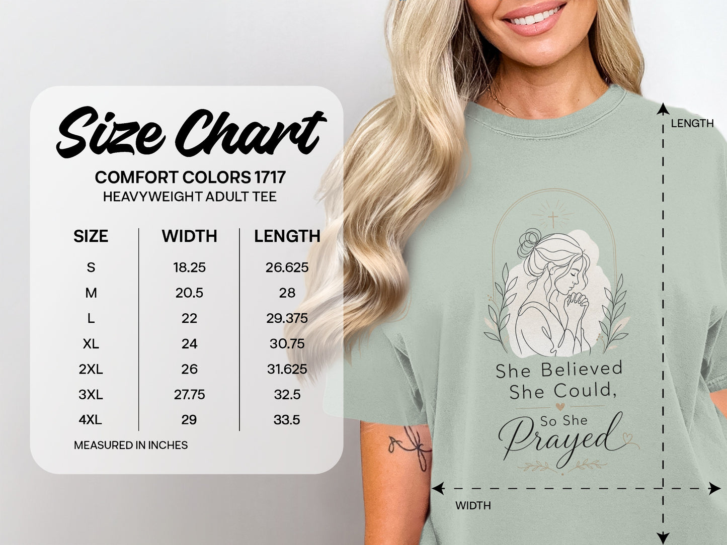 Comfort Colors 1717 heavyweight adult tee size chart with width and length measurements.