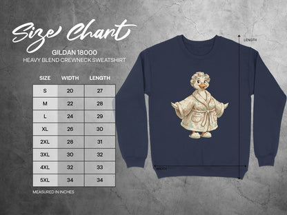 Gildan 18000 sweatshirt size chart with width and length measurements.