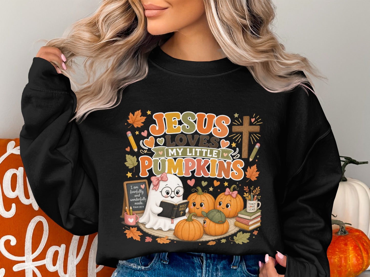 Jesus loves my little pumpkins graphic with ghost and pumpkins reading Bible.