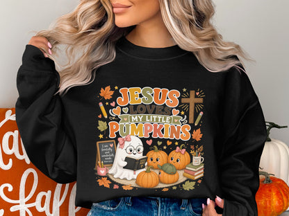 Jesus loves my little pumpkins graphic with ghost and pumpkins reading Bible.