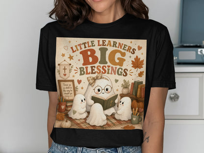 Little Learners Big Blessings graphic with ghosts reading a book and Proverbs 22:6.