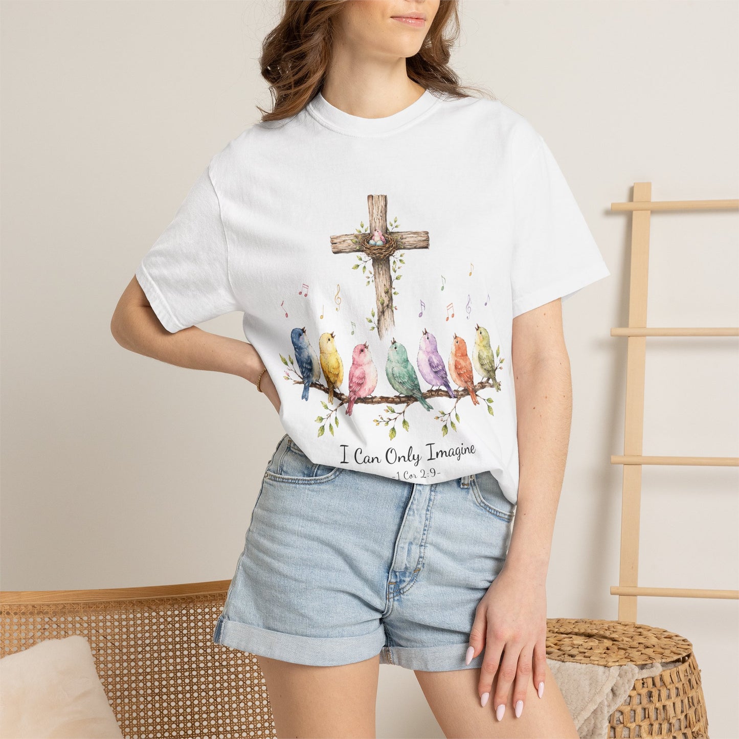 I Can Only Imagine Shirt, Cross with Songbirds Women's Christian Tee | 1 Corinthians 2:9 Worship Gift
