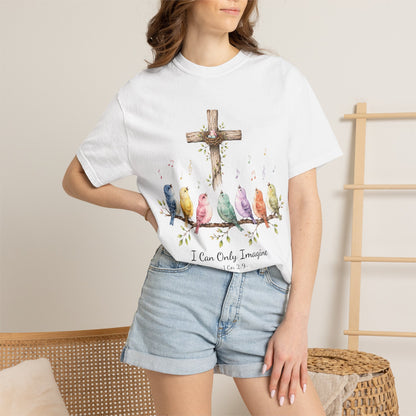 I Can Only Imagine Shirt, Cross with Songbirds Women's Christian Tee | 1 Corinthians 2:9 Worship Gift