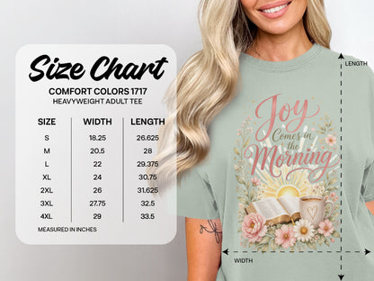 Size chart for Comfort Colors 1717 heavyweight adult tee with measurements.