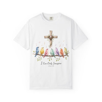 I Can Only Imagine Shirt, Cross with Songbirds Women's Christian Tee | 1 Corinthians 2:9 Worship Gift