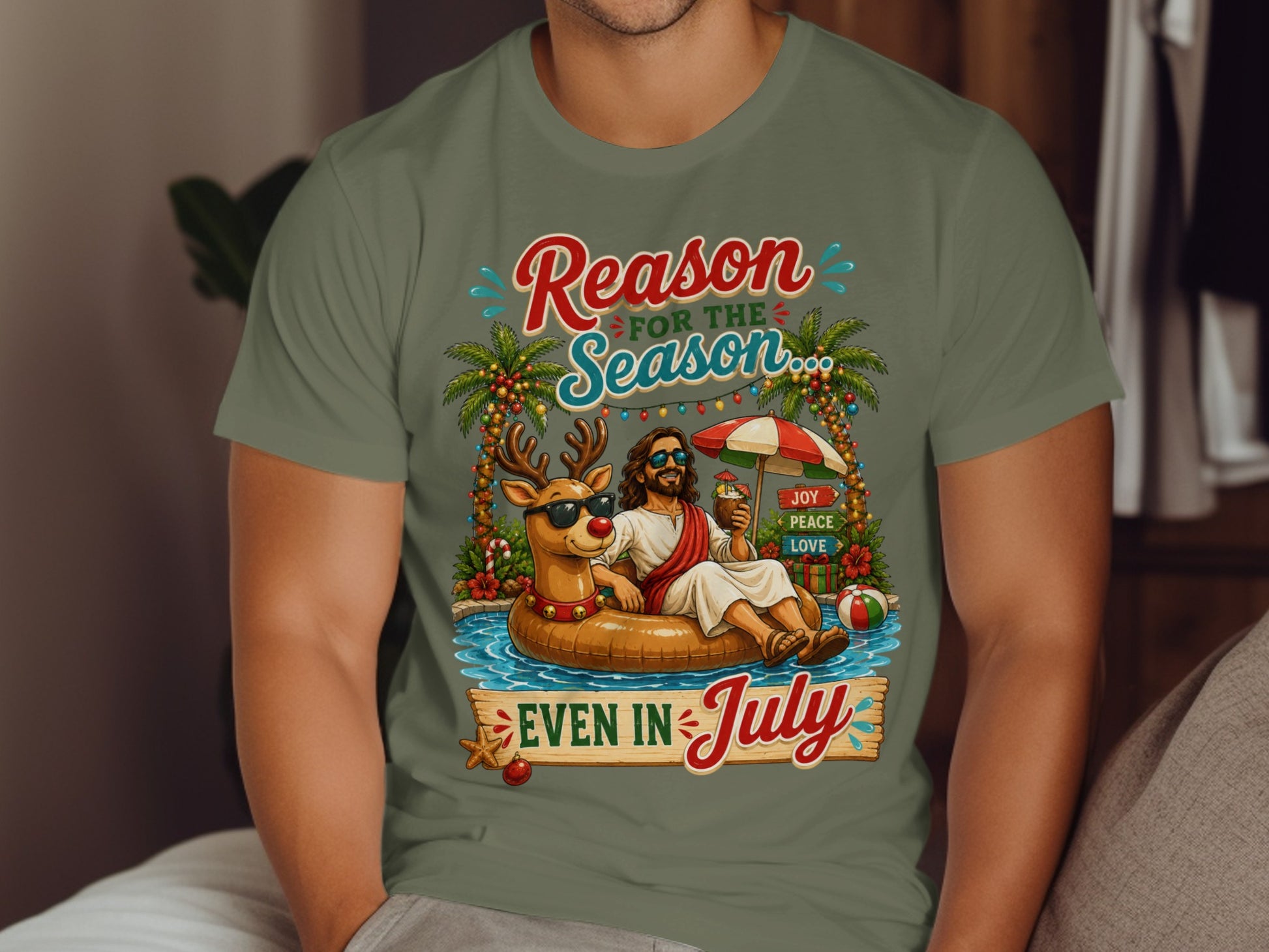 Jesus in a float wearing sunglasses with "Reason for the Season" text.