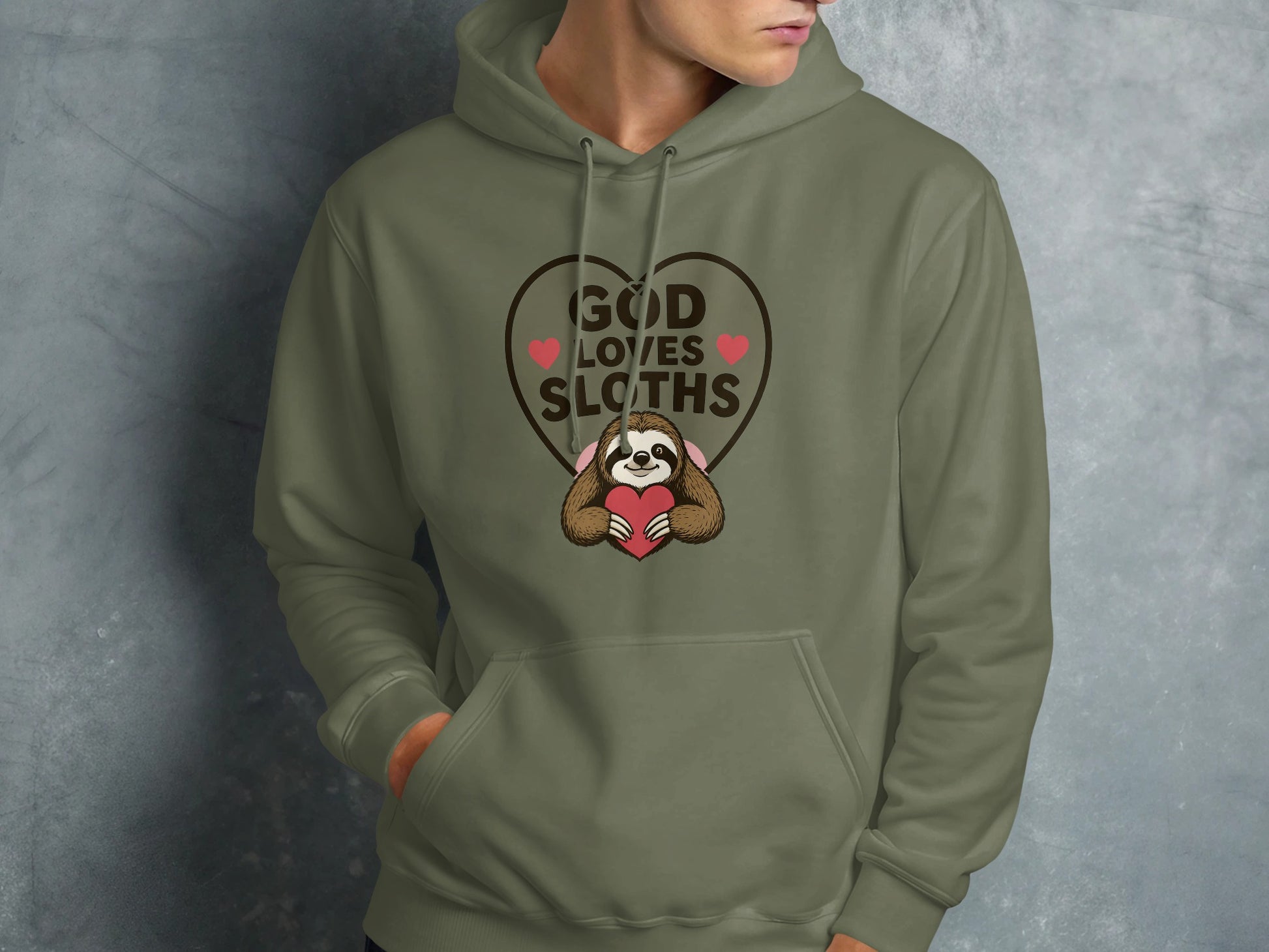 Hoodie with graphic of sloth holding heart and text "God Loves Sloths".