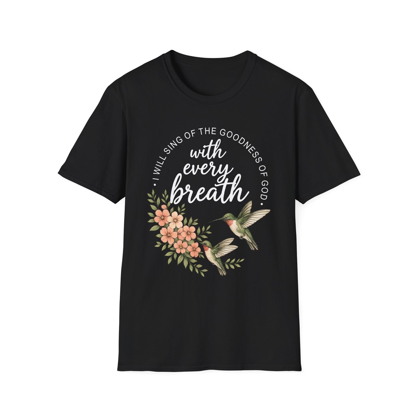 Christian Shirt for Women – With Every Breath Hummingbird Floral Inspirational Faith Based Graphic T-Shirt