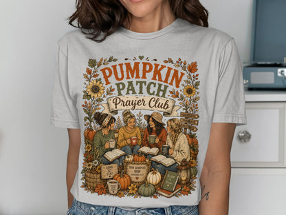 T-shirt with "Pumpkin Patch Prayer Club" and autumnal graphics.