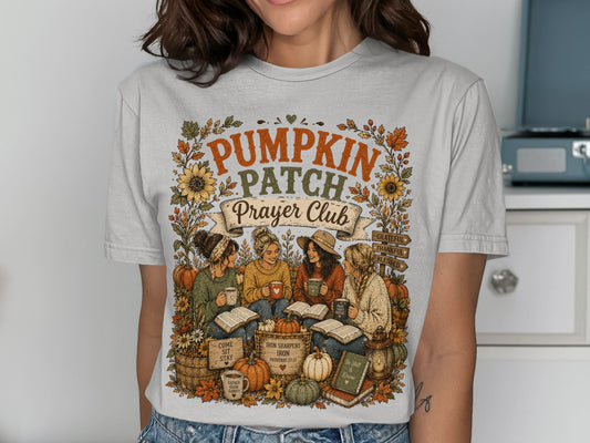 T-shirt with "Pumpkin Patch Prayer Club" and autumnal graphics.