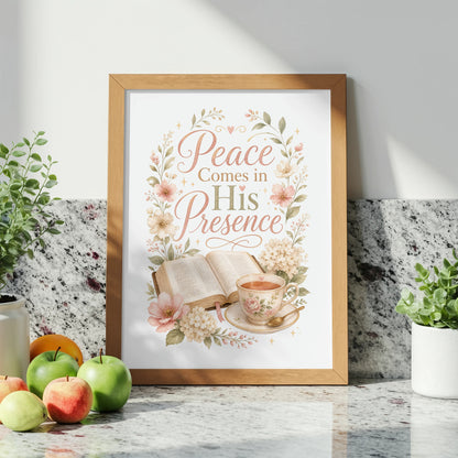 Framed artwork with "Peace Comes in His Presence" and a floral design.