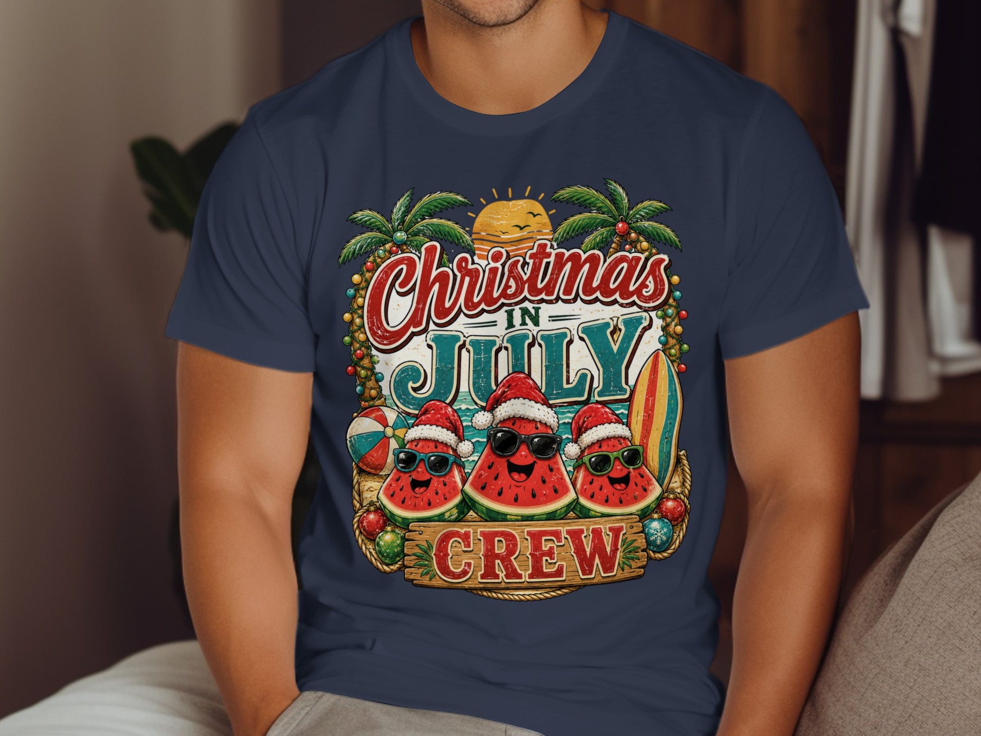 Watermelon crew wearing Santa hats and sunglasses with palm trees, sun, and surfboard.