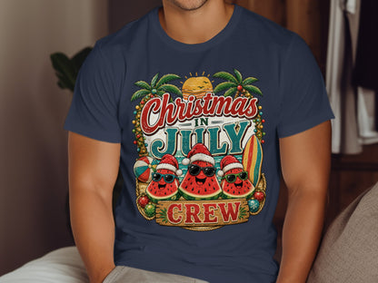Watermelon crew wearing Santa hats and sunglasses with palm trees, sun, and surfboard.